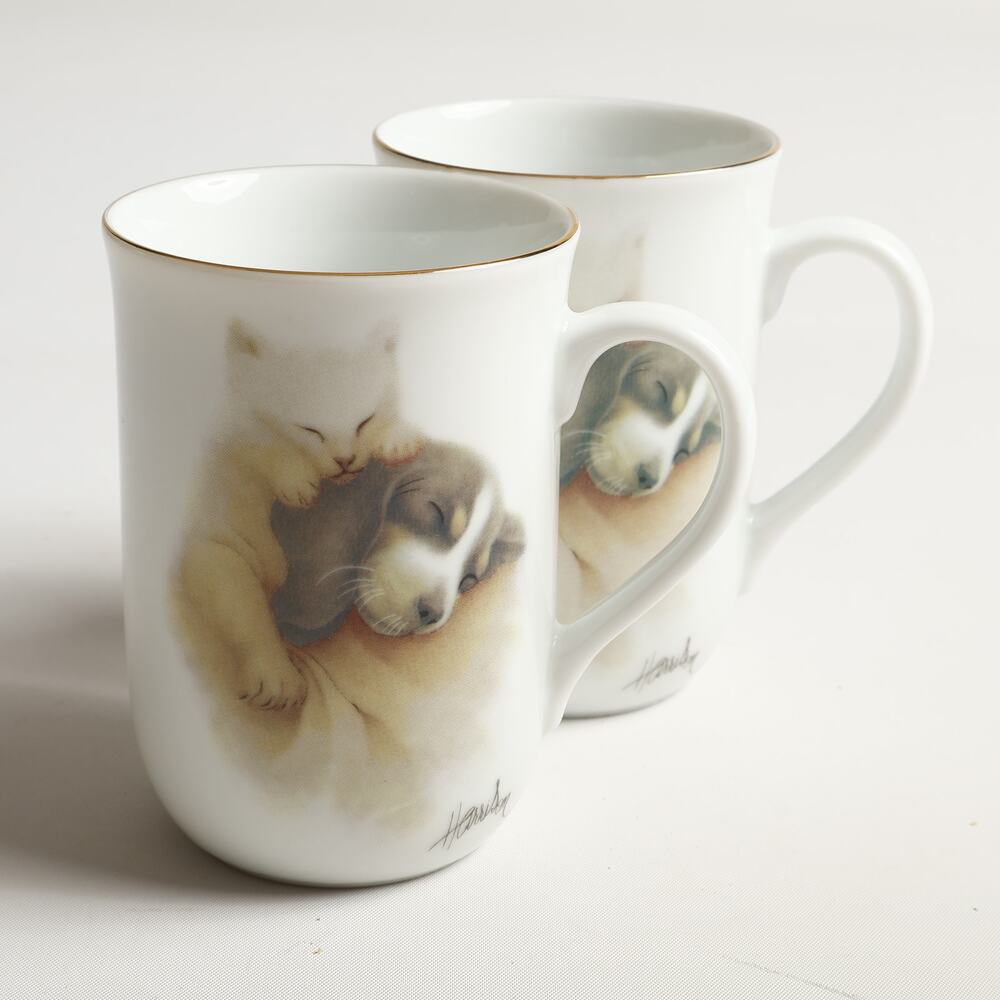 Pair of Otagiri Japan Bob Harrison Sleeping Puppy Kitten Porcelain Ceramic Mugs